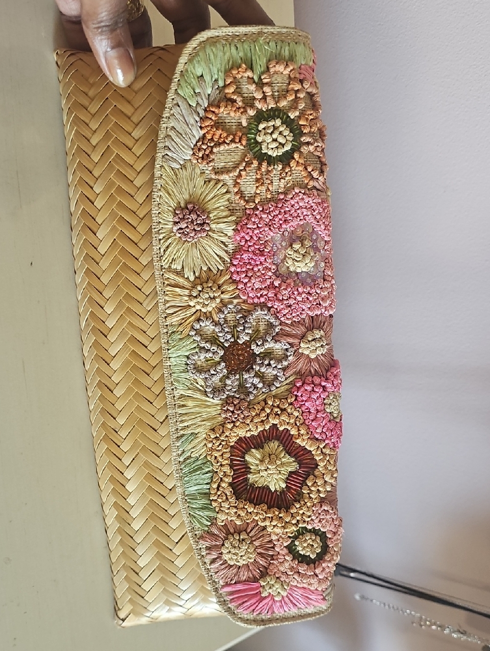 Hand-Embroidered Straw Clutch — Pink, Green, Gold